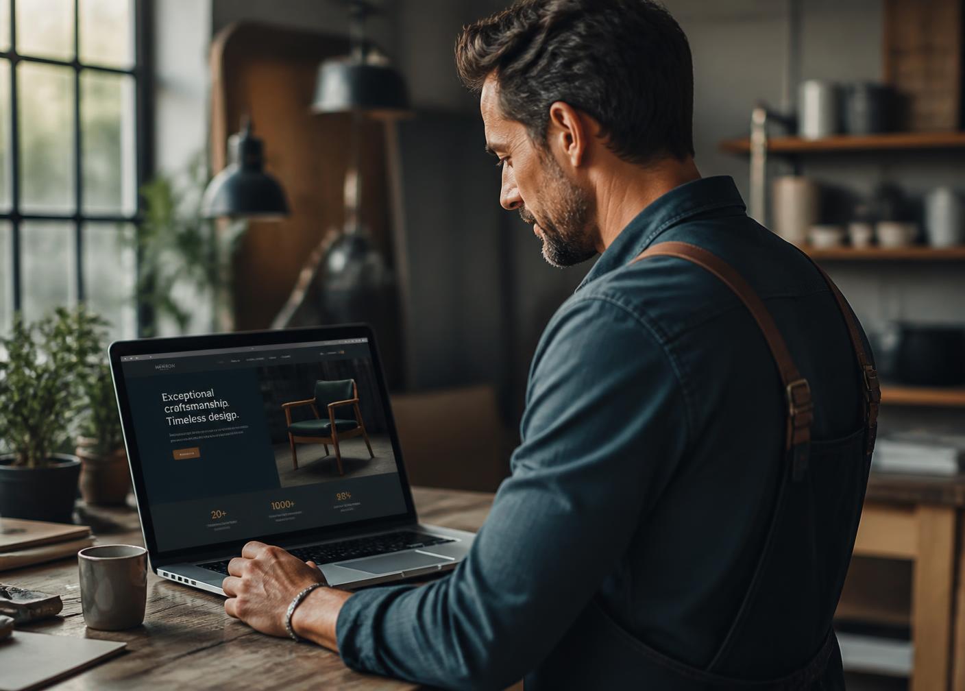 Business owner reviewing a newly launched website on a laptop